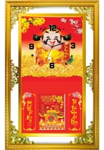 Lịch Gỗ Phù Điêu Đồng Hồ Cao Cấp Khung Đôi Vàng 2025 (56 x 88 cm) – Thần Tài Đến (NSDH15)