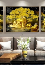 Bộ 3 Tấm Tranh Tết Treo Tường Trâu Vàng Tài Lộc