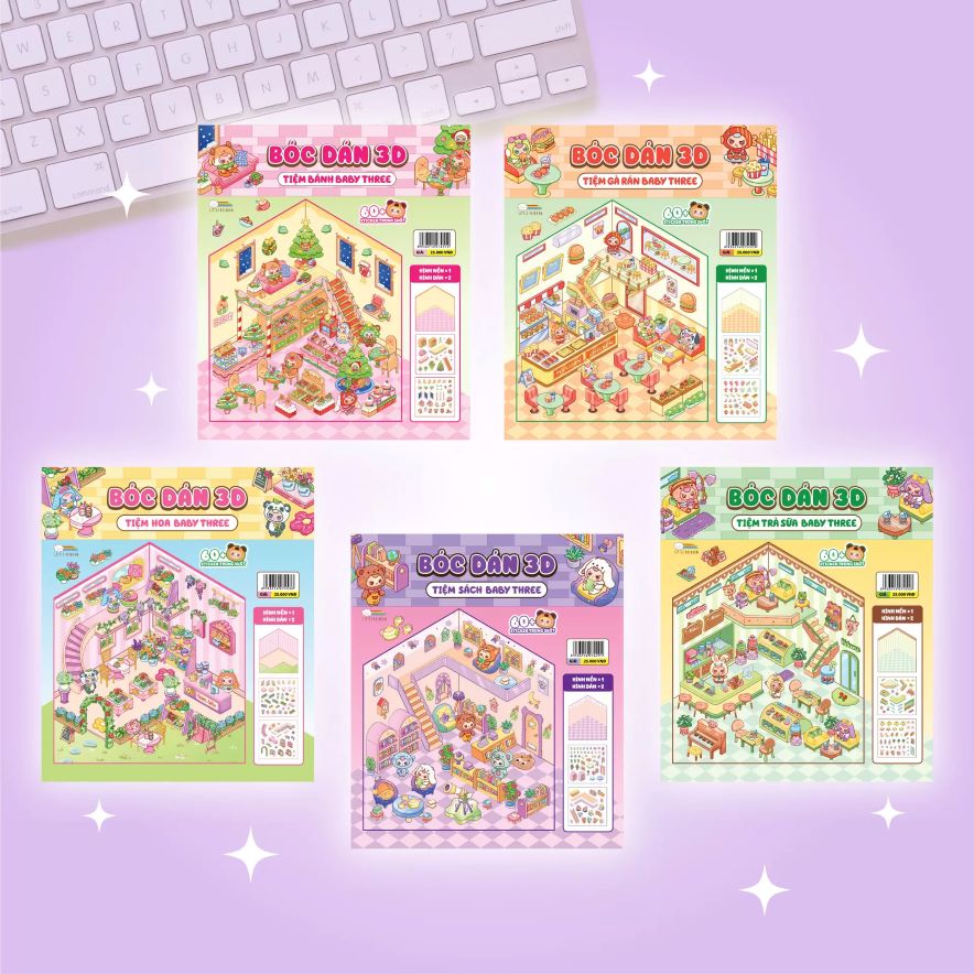 Combo Bóc Bán 3D Tiệm Trà Sữa Baby Three + Tiệm Hoa Baby Three + Tiệm Gà Rán Baby Three + Tiệm Bánh Baby Three + Tiệm Sách Baby Three (Đồ Chơi Bóc Dán 300+ Sticker Cho Bé) (Bộ 5 Cuốn)