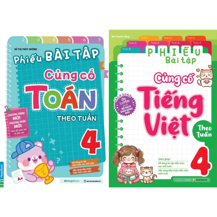 Combo Phiếu Bài Tập Củng Cố Toán + Tiếng Việt Theo Tuần Lớp 4 (Bộ 2 Cuốn)