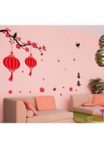 Decal Dán Tường Cành Mai Đỏ Và Lồng Đèn Tết