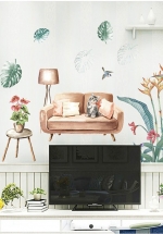 Decal Dán Tường Mèo Ngồi Trên Sofa Và Lá Xanh