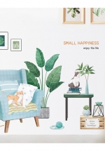 Decal Treo Tường Sofa Chậu Cây Xanh Và Mèo
