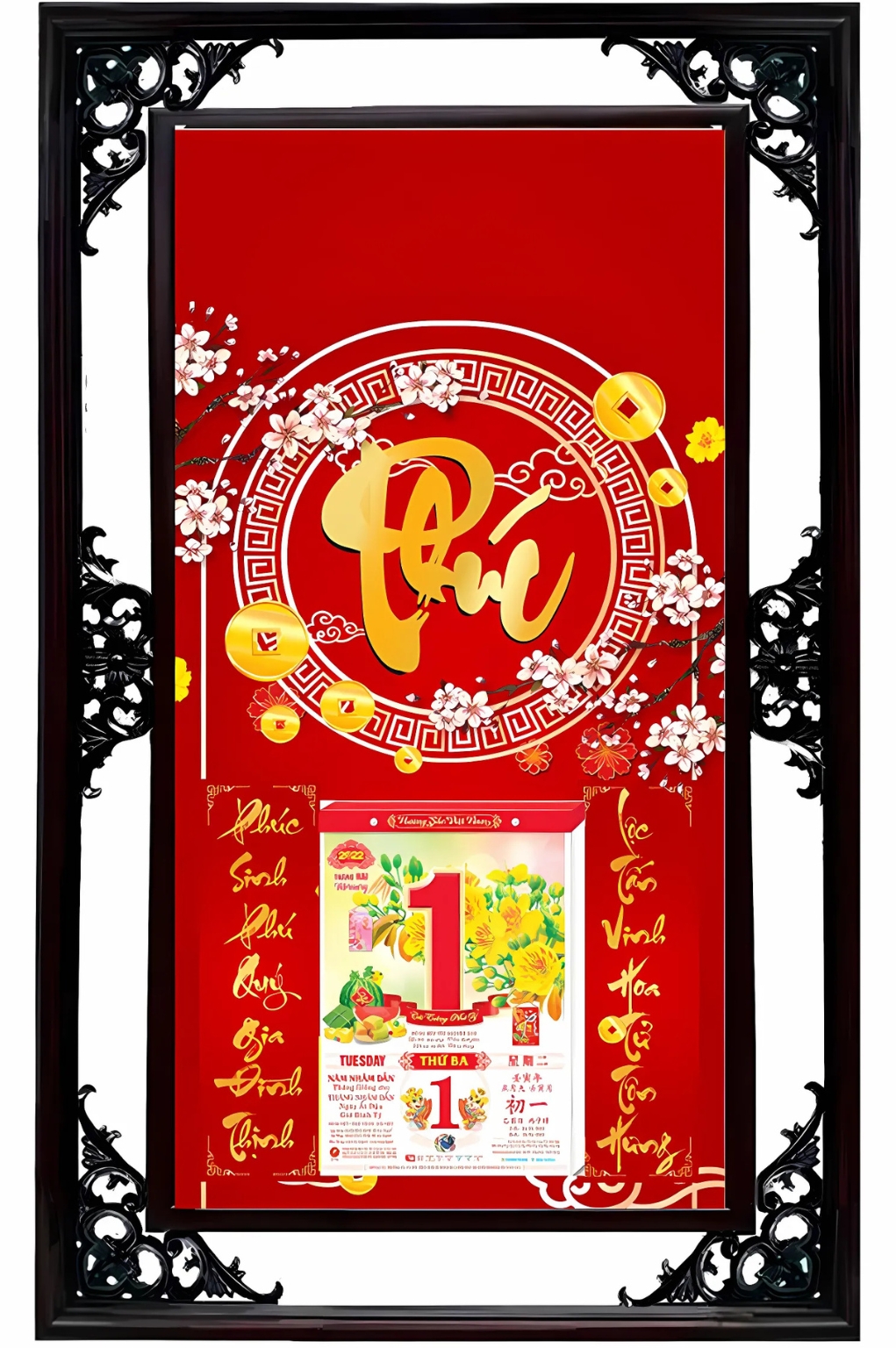 Lịch Cao Cấp 2026 Dán Nổi Chữ Phúc 03 Nền Đỏ Khung Đôi (50×82 Cm)