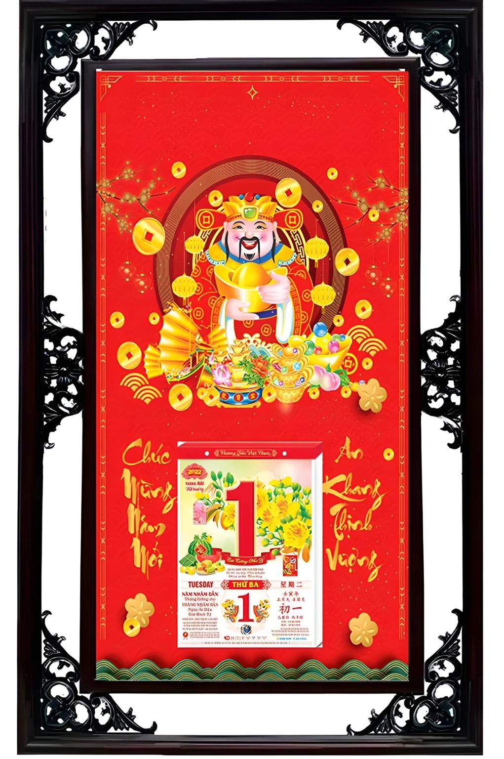 Lịch Gỗ Cao Cấp 2026 Ông Thần Tài Khung Đôi (50×82 Cm)