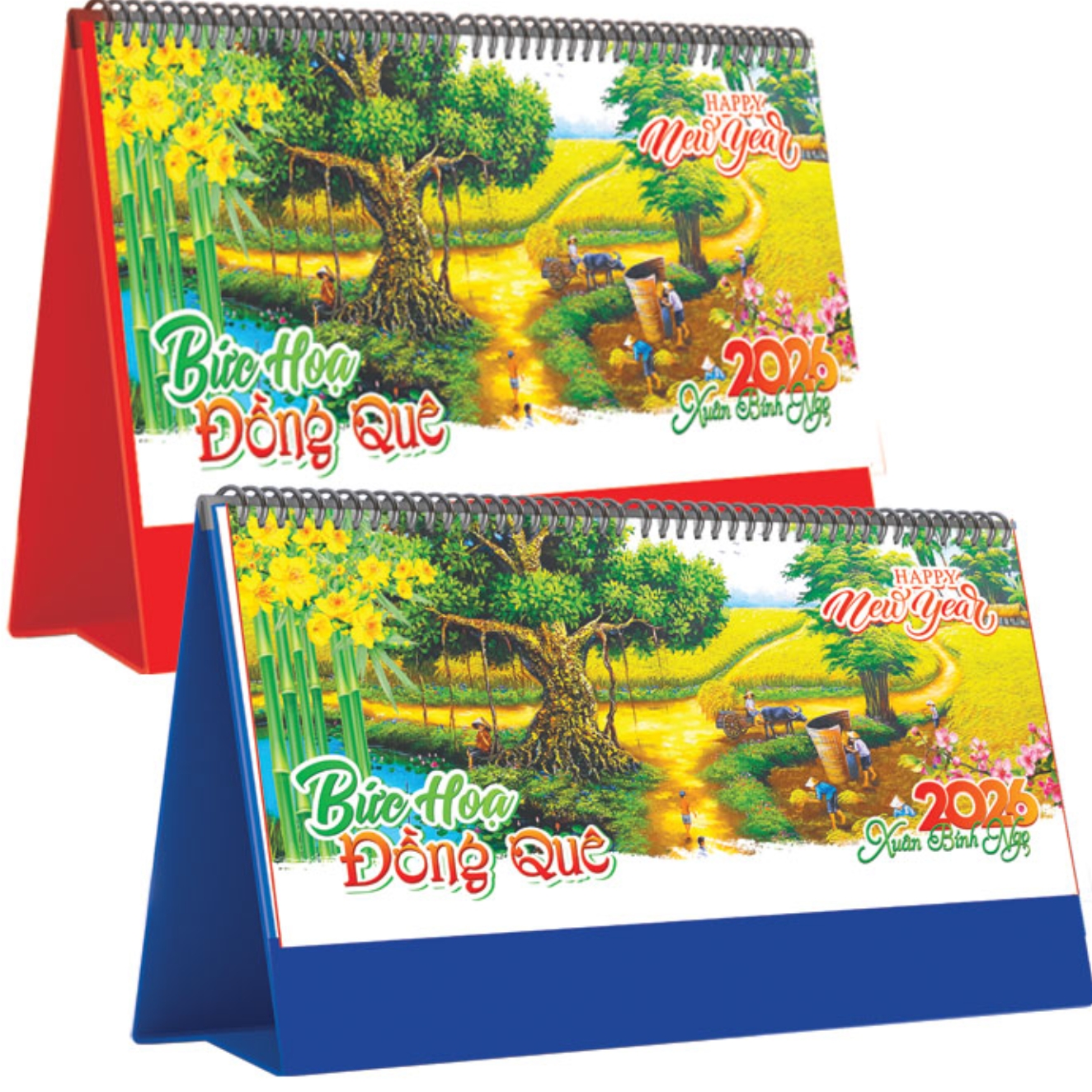 Lịch Để Bàn Ngang 2026 (25 x 12 cm) – Bức Hoạ Đồng Quê – NSKV15A (Chọn Đế Xanh Hoặc Đỏ)