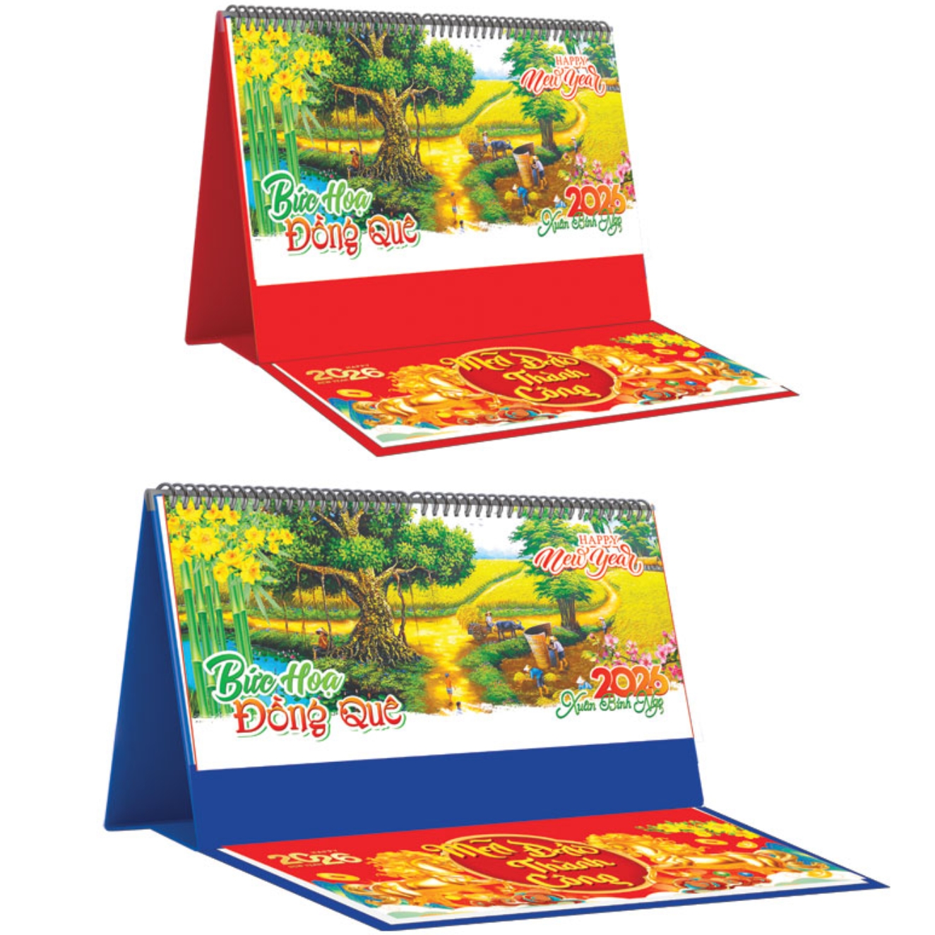 Lịch Để Bàn Ngang 2026 Có Note (25 x 12 cm) – Bức Hoạ Đồng Quê – NSKV15B (Chọn Đế Xanh Hoặc Đỏ)