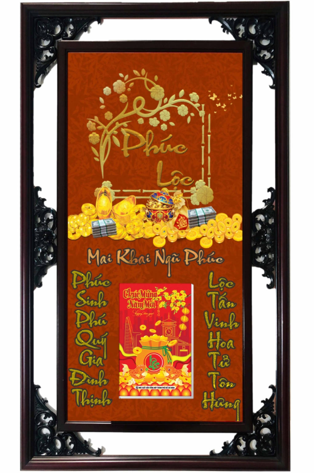 Lịch Gỗ Cao Cấp 2026 Mai Khai Ngũ Phúc Khung Đôi (52 x 82 cm) – NS05