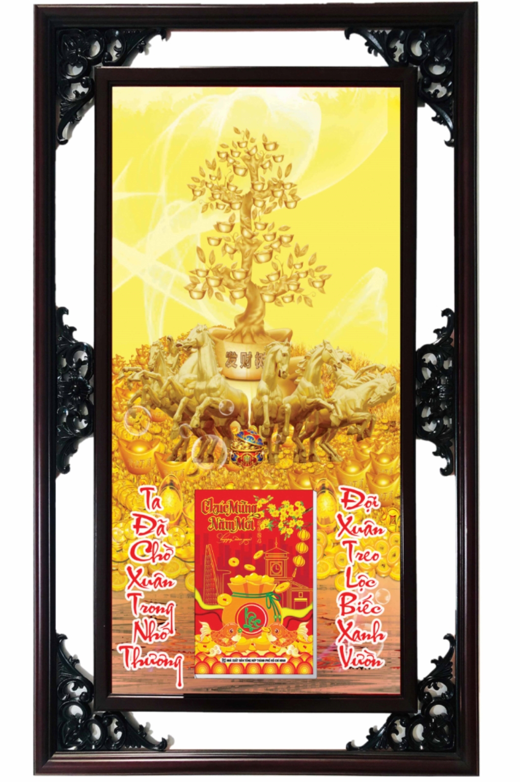 Lịch Gỗ Cao Cấp 2026 Ngựa Vàng & Cây Tài Lộc Khung Đôi (52 x 82 cm) – NS23