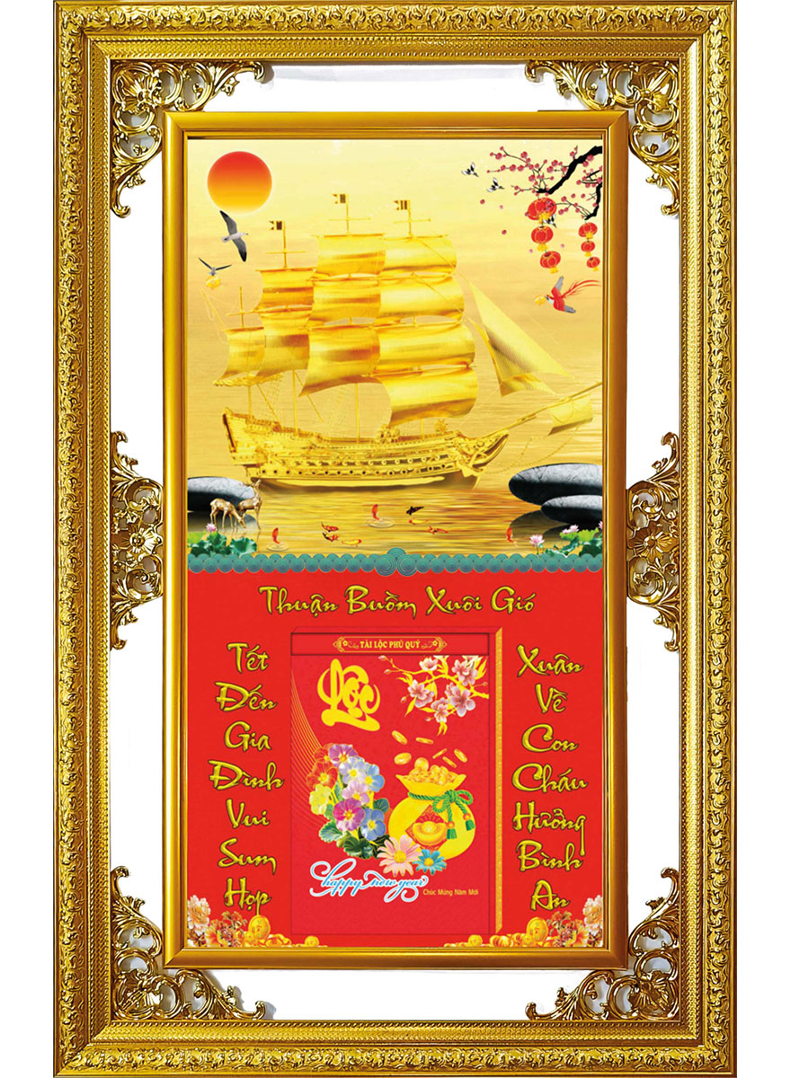 Lịch Gỗ Cao Cấp 2026 Khung Đôi Vàng (56 x 88 cm) – Thuận Buồm Xuôi Gió – NS13