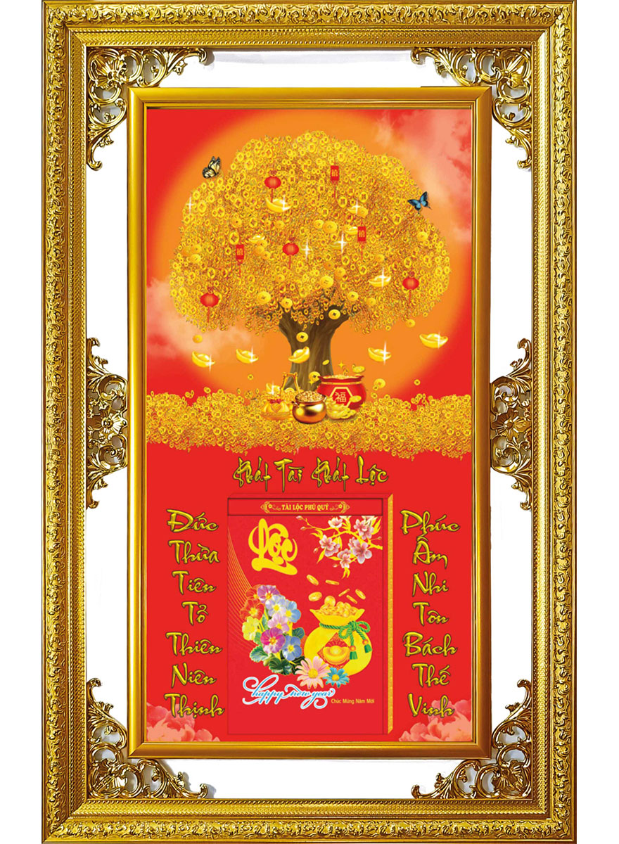 Lịch Gỗ Cao Cấp 2026 Khung Đôi Vàng (56 x 88 cm) – Cây Kim Tiền – NS08