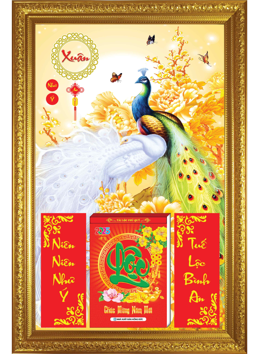 Lịch Gỗ Cao Cấp 2026 Khung Đơn Vàng (48 x 73 cm) – Chim Công