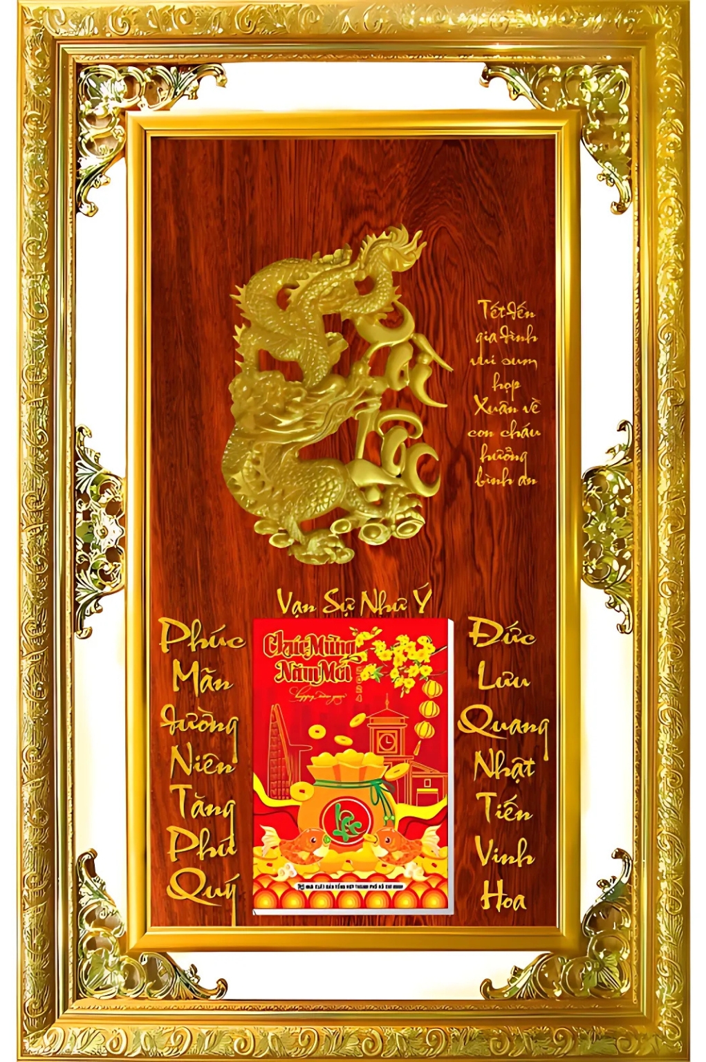 Lịch Gỗ Phù Điêu Cao Cấp Khung Đôi Vàng Dán Nổi 2026 (56 x 86 cm) – Vạn Sự Như Ý (NS04)