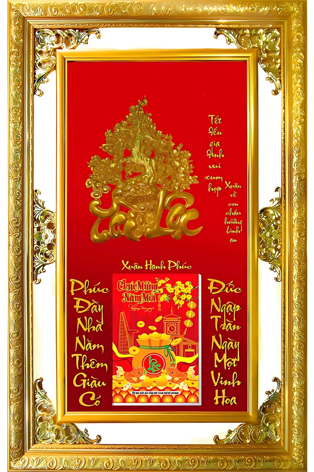 Lịch Gỗ Phù Điêu Cao Cấp Khung Đôi Vàng Dán Nổi 2026 (56 x 86 cm) – Xuân Hạnh Phúc (NS02) – In Quảng Cáo Logo Theo Yêu Cầu