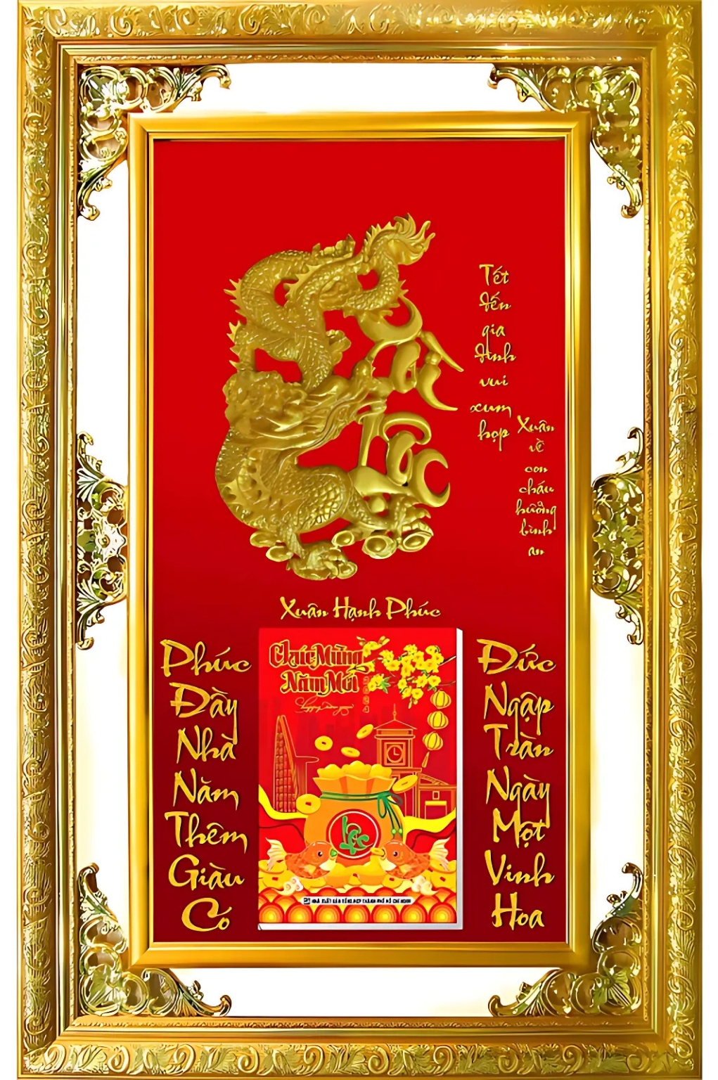 Lịch Gỗ Phù Điêu Cao Cấp Khung Đôi Vàng Dán Nổi 2026 (56 x 86 cm) –  Xuân Hạnh Phúc (NS03) – In Quảng Cáo Logo Theo Yêu Cầu
