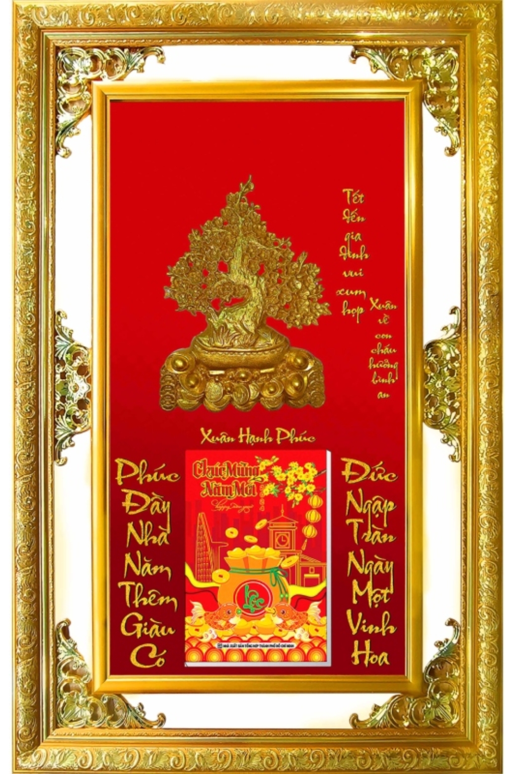 Lịch Gỗ Phù Điêu Cao Cấp Khung Đôi Vàng Dán Nổi 2026 (56 x 86 cm) – Xuân Hạnh Phúc (NS06)