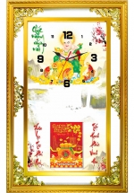 Lịch Gỗ Phù Điêu Đồng Hồ Cao Cấp Khung Đôi Vàng 2025 (56 x 88 cm) – Phật Di Lặc (NSDH16)