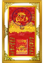 Lịch Gỗ Phù Điêu Đồng Hồ Cao Cấp Khung Đôi Vàng 2025 (56 x 88 cm) – Phúc Lộc Cát Tường (NSDH18)