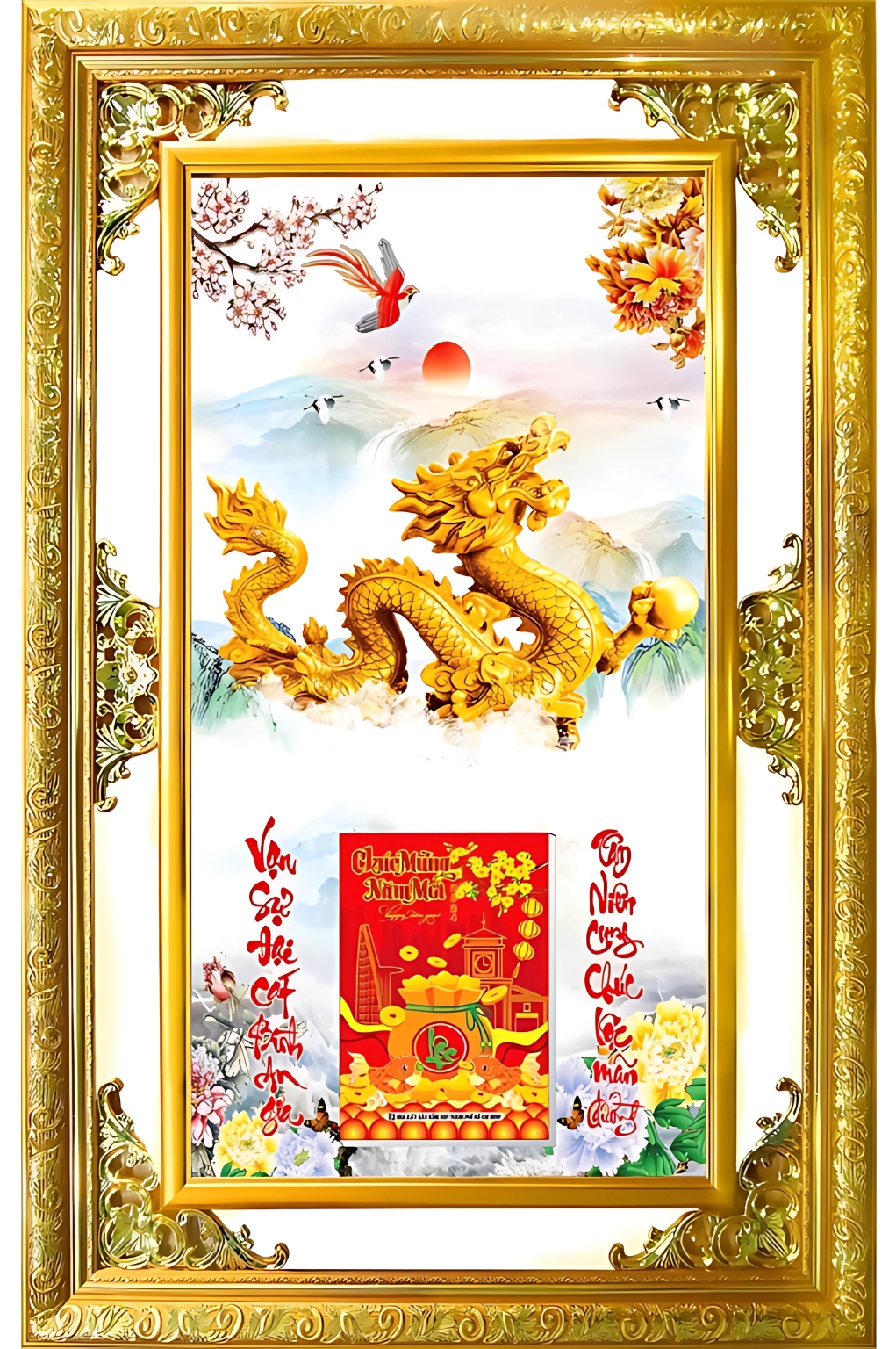 Lịch Gỗ Phù Điêu Treo Tường Cao Cấp Khung Đôi Vàng 2026 (56 x 86 cm) – Rồng Vàng (NS08)
