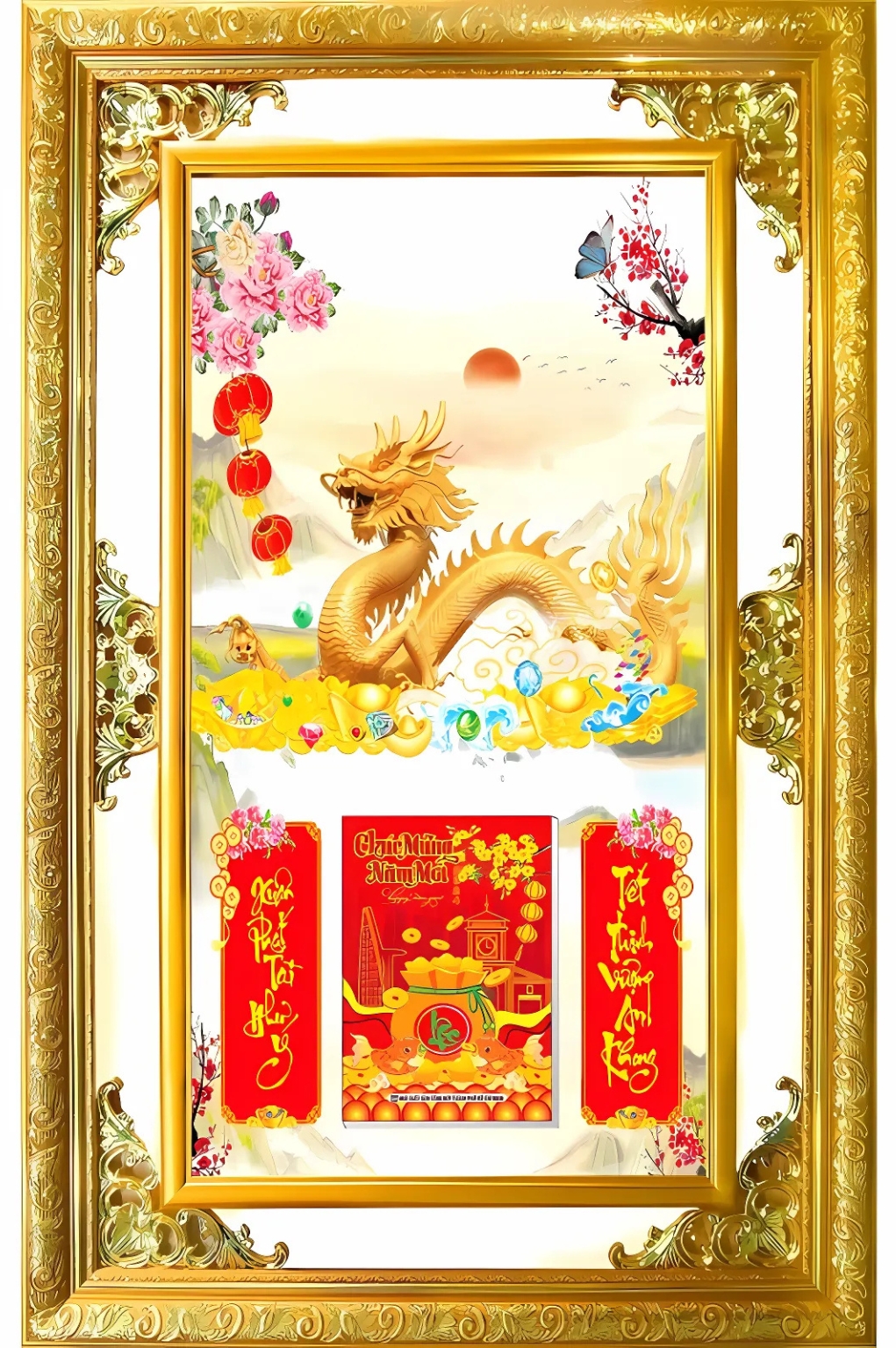 Lịch Gỗ Phù Điêu Treo Tường Cao Cấp Khung Đôi Vàng 2026 (56 x 86 cm) – Rồng Vàng (NS09)