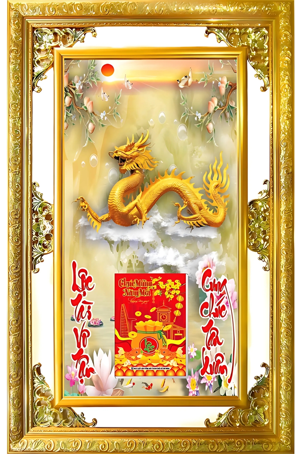 Lịch Gỗ Phù Điêu Treo Tường Cao Cấp Khung Đôi Vàng 2026 (56 x 86 cm) – Rồng Vàng (NS14)