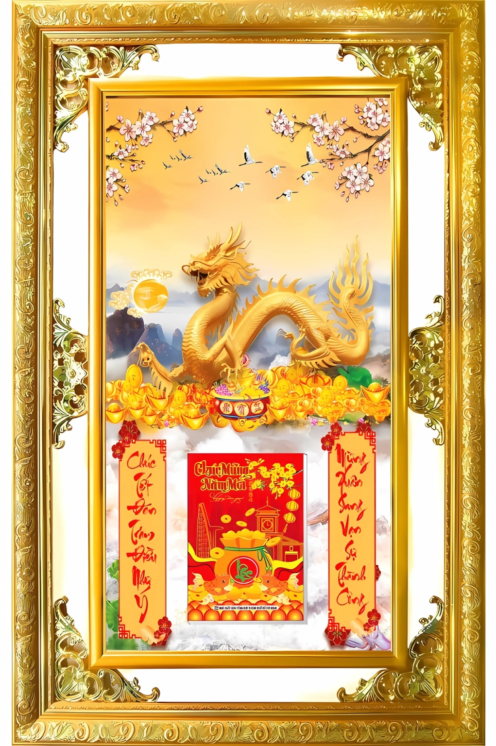 Lịch Gỗ Phù Điêu Treo Tường Cao Cấp Khung Đôi Vàng 2026 (56 x 86 cm) – Rồng Vàng (NS15)
