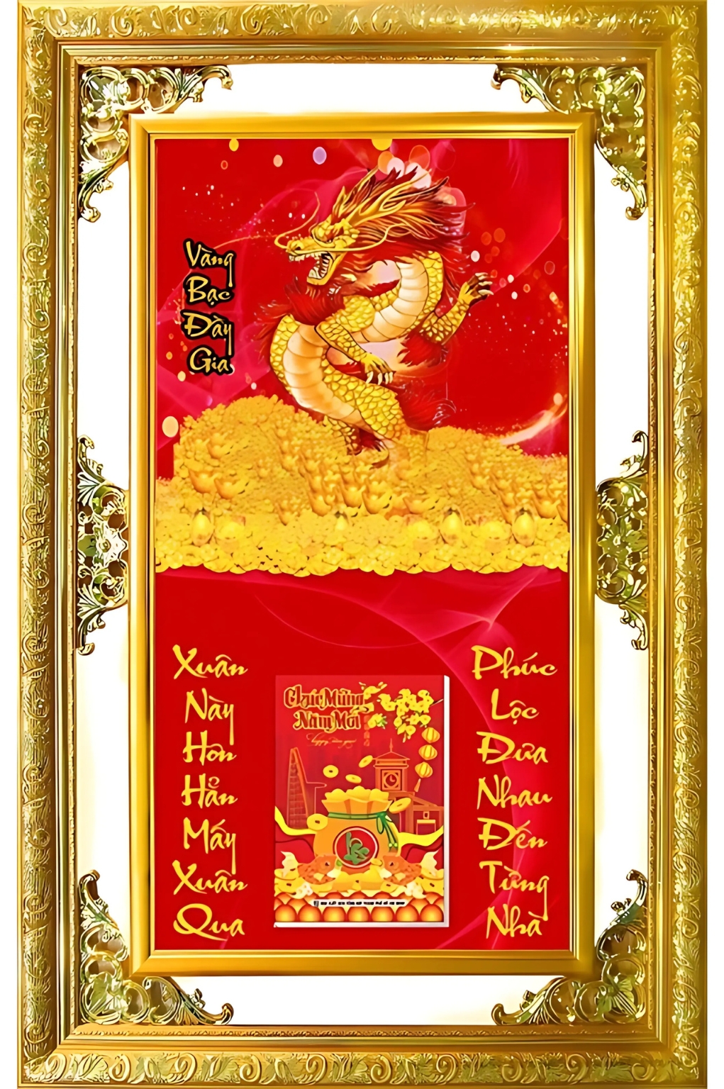 Lịch Gỗ Phù Điêu Treo Tường Cao Cấp Khung Đôi Vàng 2026 (56 x 86 cm) – Vàng Bạc Đầy Gia (NS04)