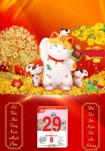 Lịch Gỗ Tết 2025 Tráng Gương Treo Tường Laminate – Mèo May Mắn (40 Cm x 60 Cm)