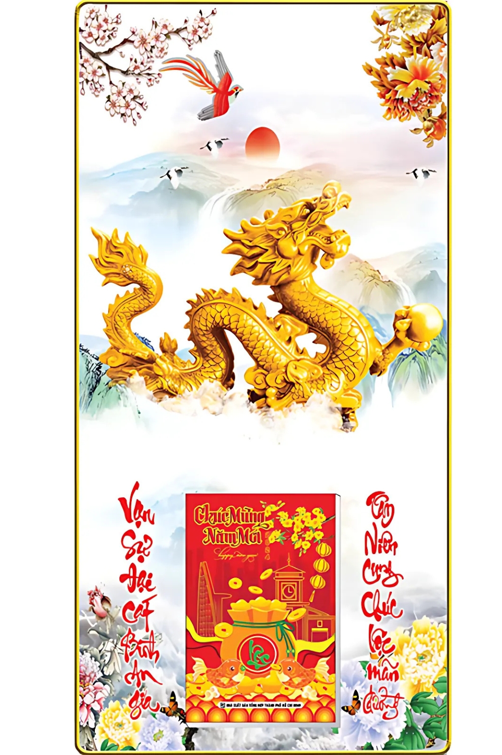 Lịch Gỗ Treo Tường Laminate Tráng Gương 2026 (39 x 79 cm) Bọc Viền Cao Cấp – Rồng Vàng (NS02)