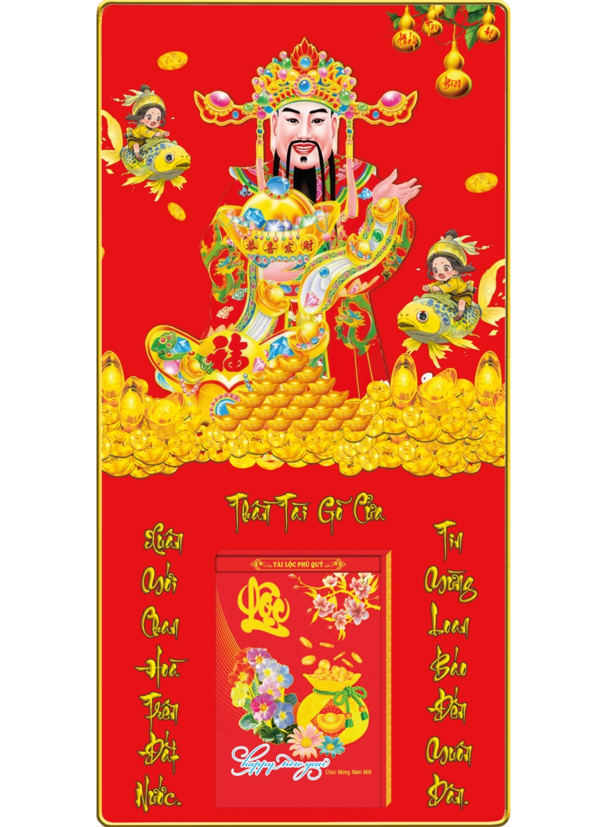 Lịch Gỗ Treo Tường Laminate Tráng Gương 2026 (40 x 80 cm) Bọc Viền Cao Cấp – Thần Tài Gõ Cửa (NS12)