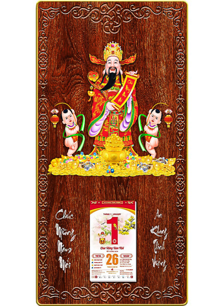 Lịch Gỗ Treo Tường Laminate Tráng Gương 2026 (40 x 80 cm) Bọc Viền Cao Cấp – Thần Tài