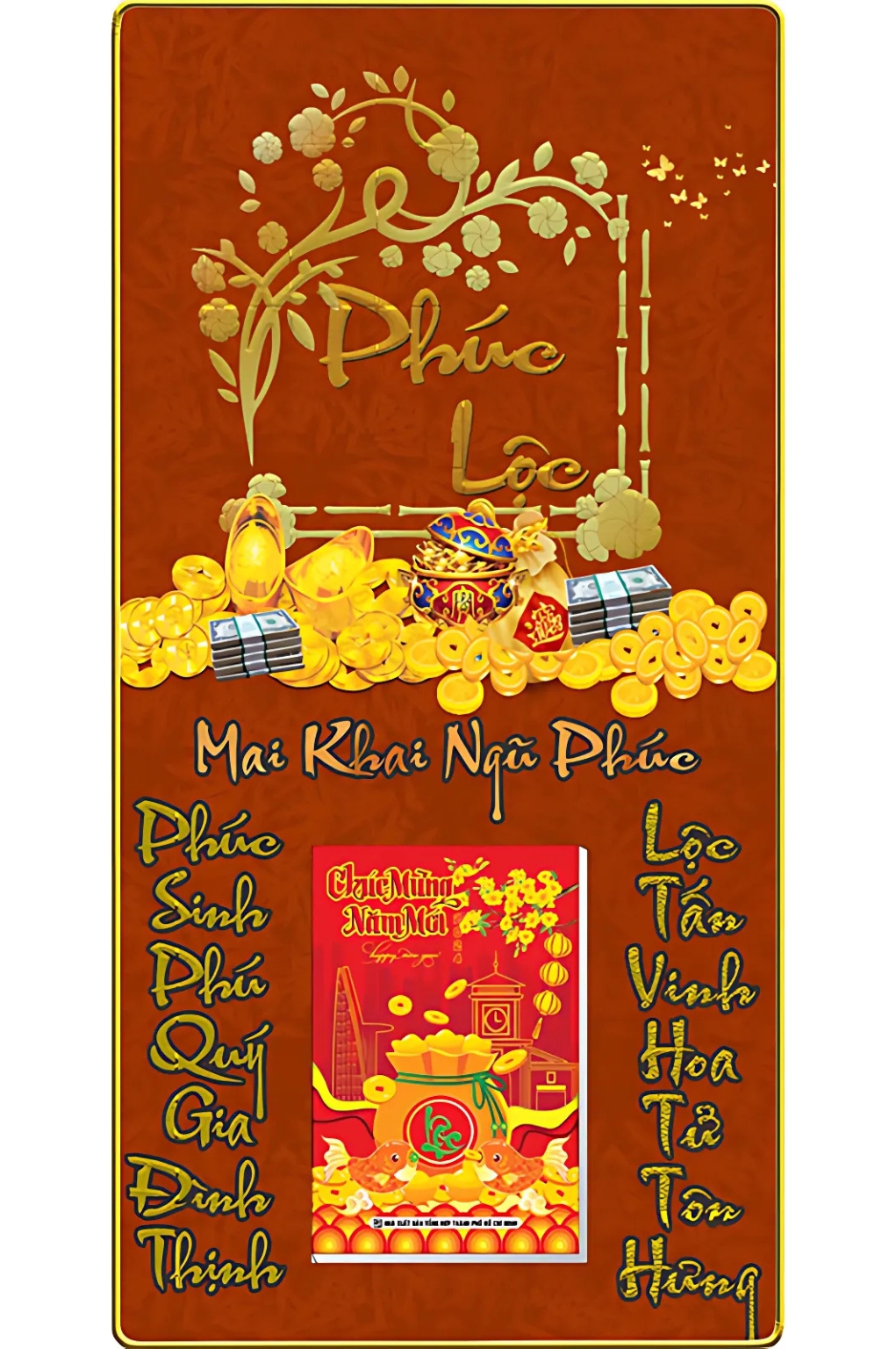 Lịch Gỗ Treo Tường Laminate Tráng Gương 2026 (39 x 79 cm) Bọc Viền Cao Cấp – Mai Khai Ngũ Phúc (NS18)