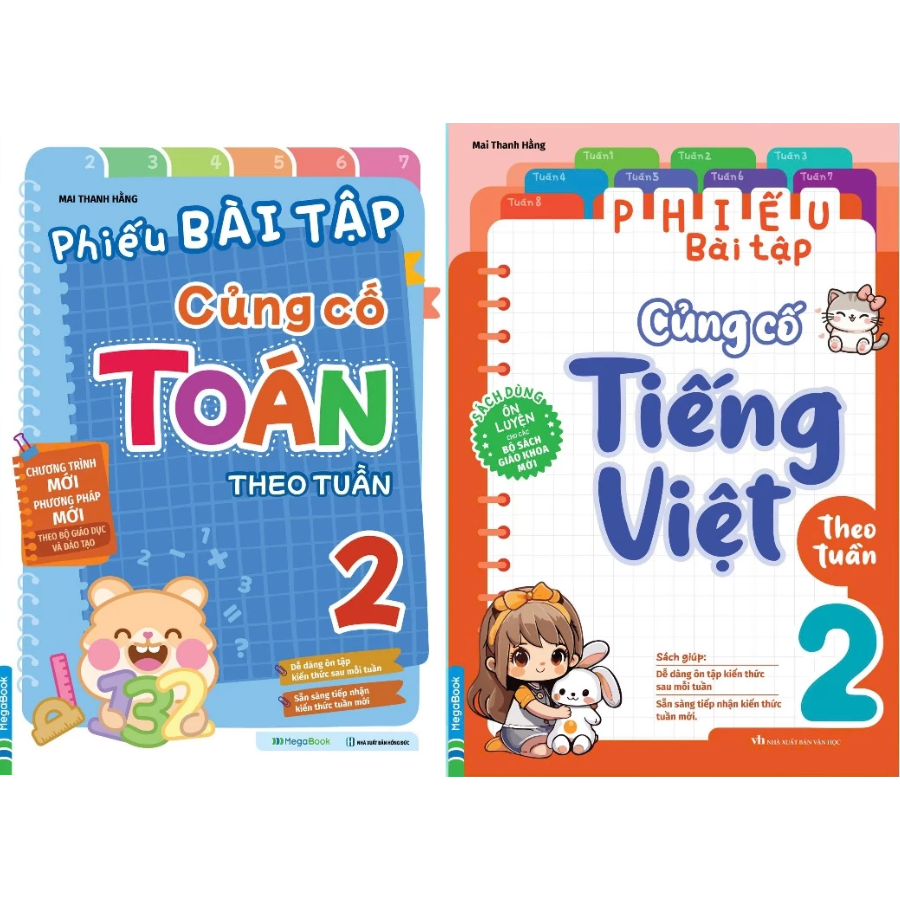 Combo Phiếu Bài Tập Củng Cố Toán + Tiếng Việt Theo Tuần Lớp 2 (Bộ 2 Cuốn)
