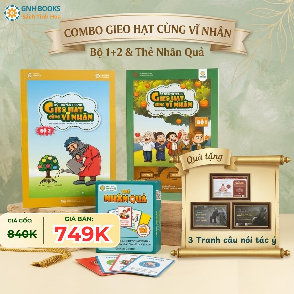 Combo Gieo Hạt Cùng Vĩ Nhân Bộ 1+2 và Thẻ Nhân Quả cấp độ Dễ Tặng 3 Tranh Tác Ý